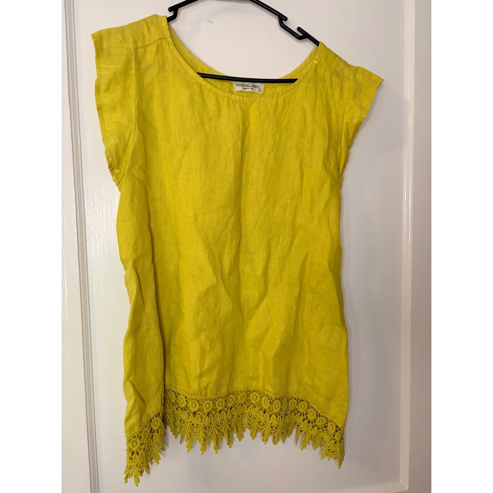 Terzo Millennio Italy Linen Crochet Lace Trim Tunic Top Chartreuse Yellow Large